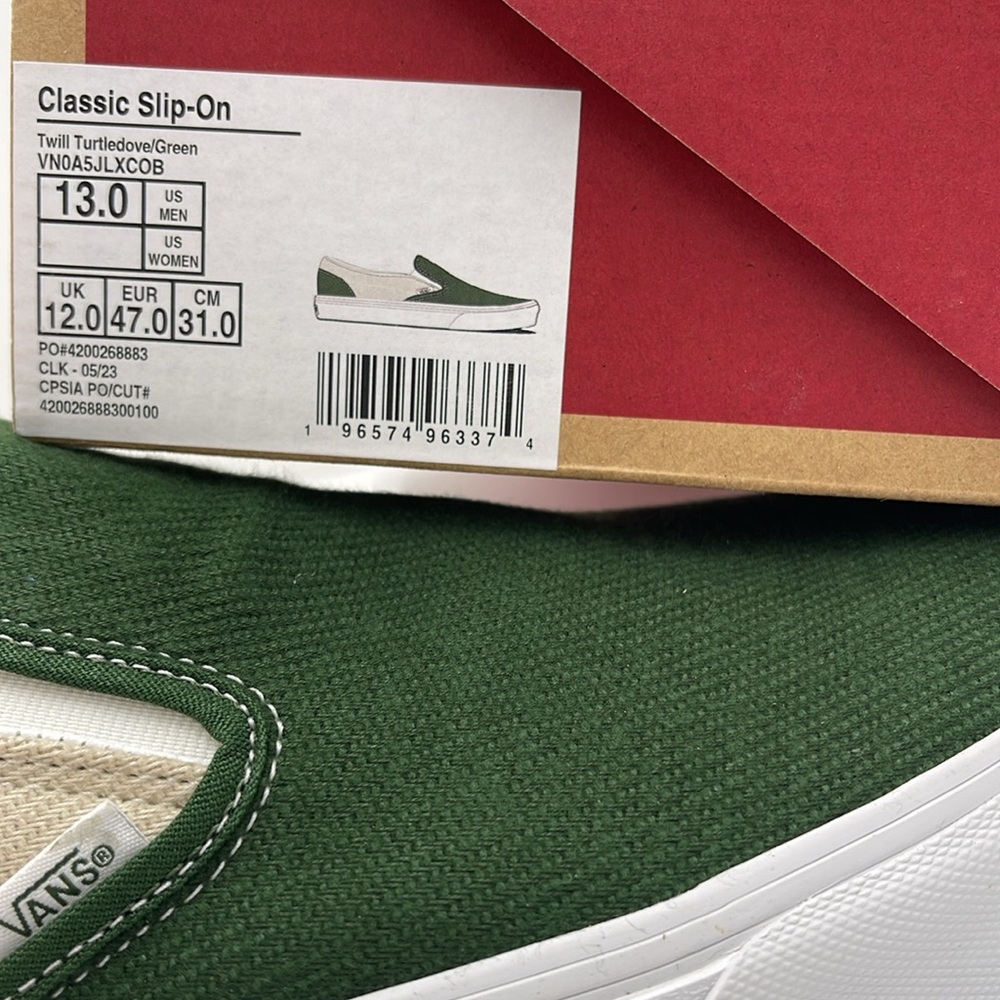 Vans Men’s Green and Cream Slip-On Sneakers 
Twill Turtledove/Green VN0A5JLXCOB - Picture 16 of 16
